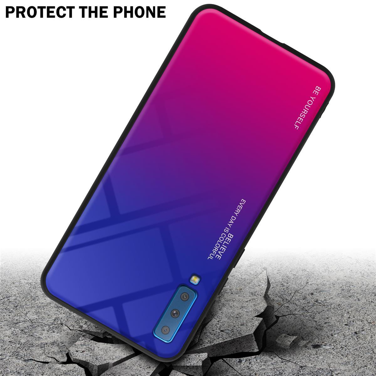 Custodia con design sfumato blu-rosso, pavimento incrinato sotto, testo 'PROTECT THE PHONE'.