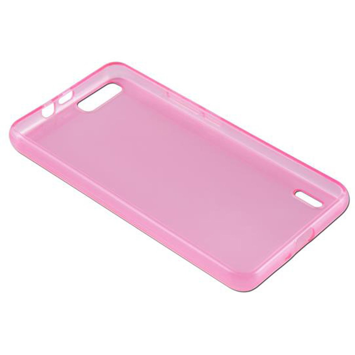 Una custodia per telefono rosa con aperture per fotocamera, pulsanti e caricatore. È una custodia semplice e trasparente.