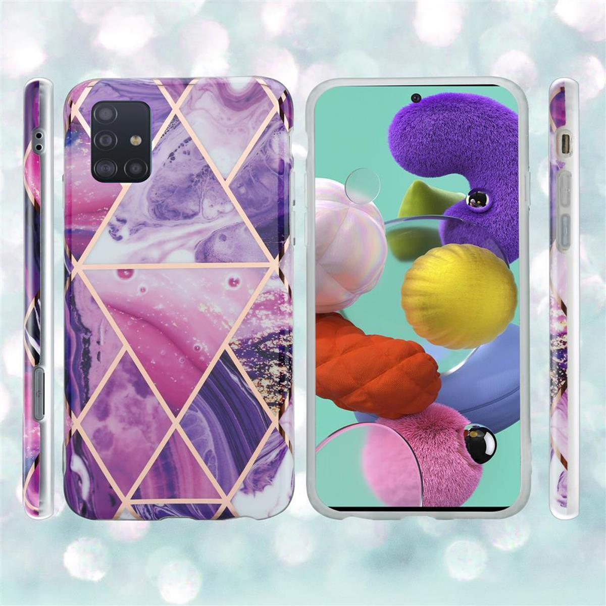 Telefono con custodia rosa e viola, design a marmo. Tre custodie affiancate, una con schermo.