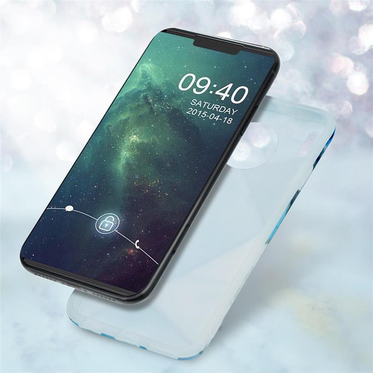 Un telefono con scena spaziale sullo schermo, accanto a una custodia trasparente.