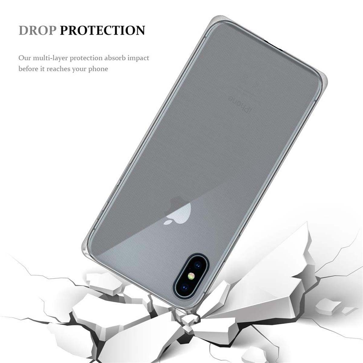 iPhone in custodia trasparente, pavimento incrinato. Testo protezione caduta in alto.