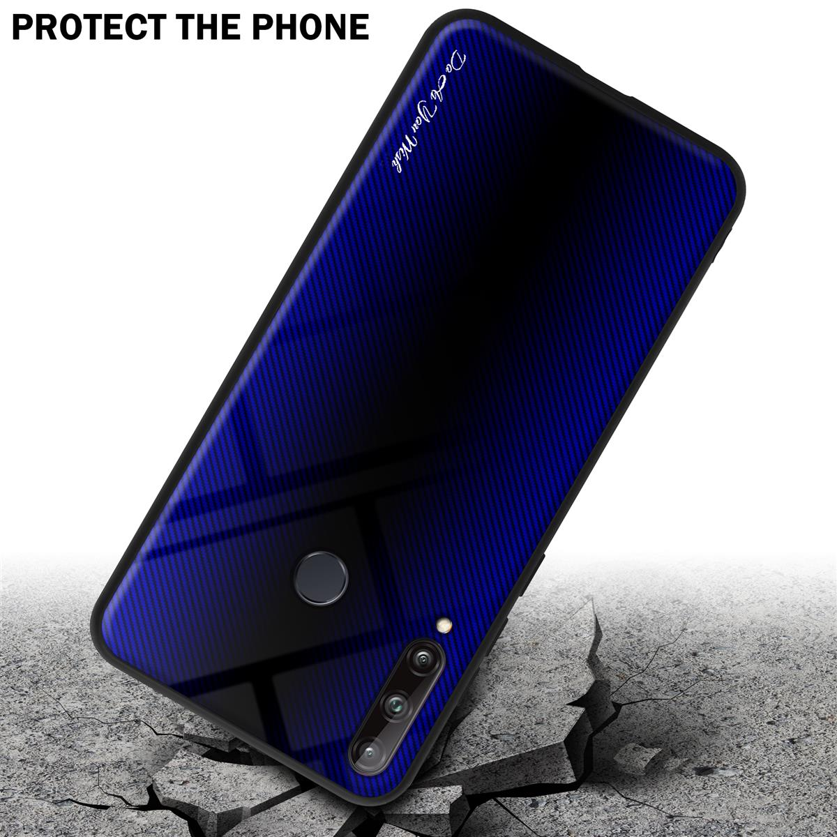 Blaues Gradienten-Handycase. Das Telefon liegt am Boden. Die Worte schützen das Telefon.