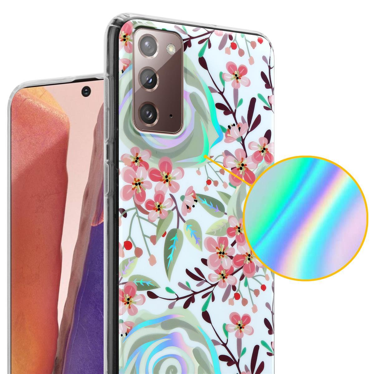 Custodia per telefono con stampa floreale e illustrazione circolare. Telefono visibile.
