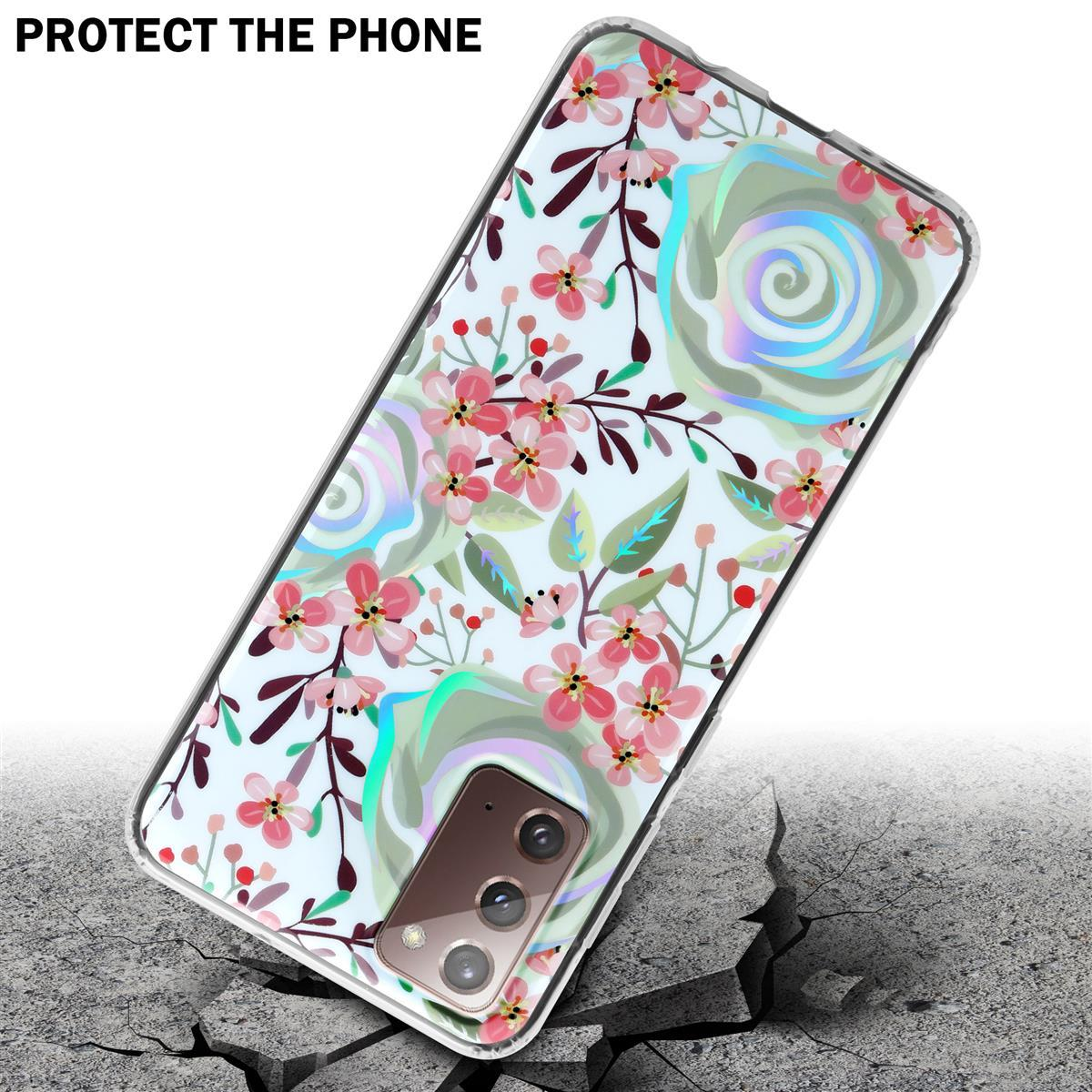 Un telefono con custodia floreale è su una superficie incrinata, una rappresentazione visiva della protezione del telefono.