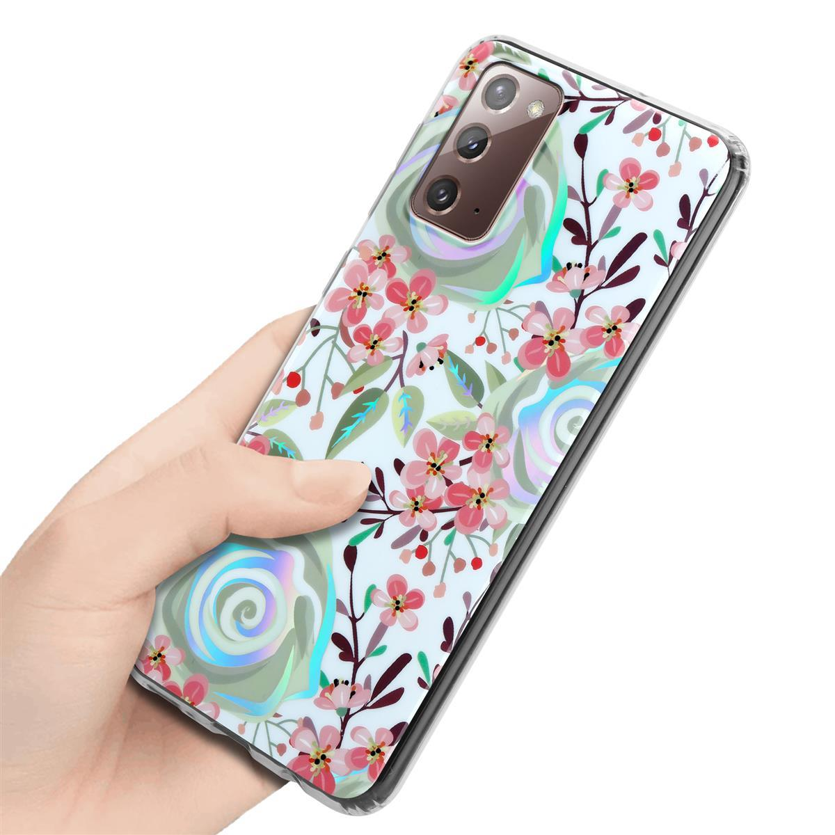 Una mano che tiene una custodia con un design floreale. Fiori rosa e foglie verdi su sfondo azzurro.