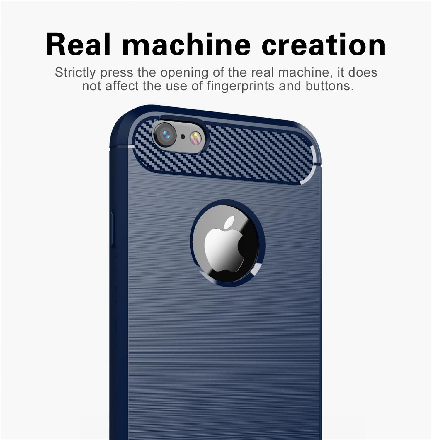 Custodia blu per telefono con superficie strutturata. Il logo Apple è visibile. Testo: Creazione macchina reale.