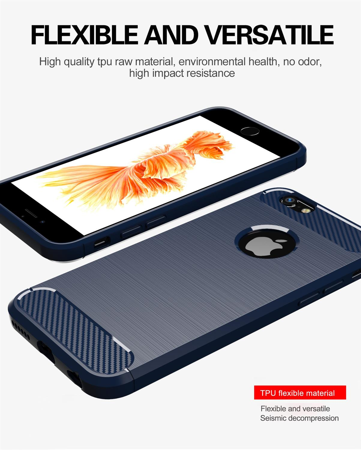 Custodia nera per telefono con un telefono che mostra un'immagine di pesce. Testo: Flessibile e versatile. Materiale TPU.