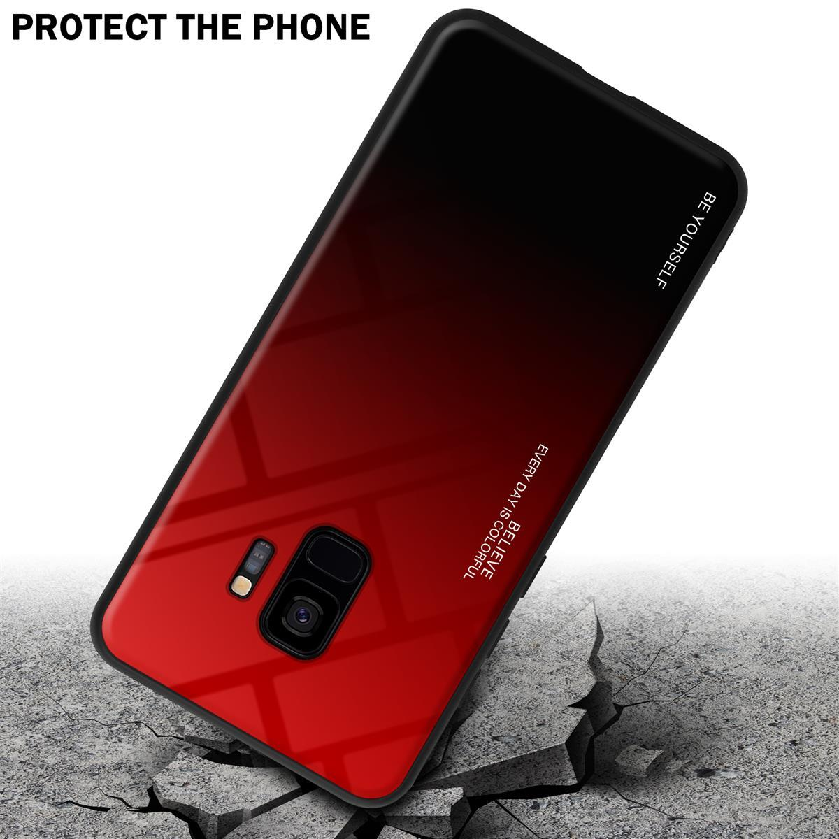 Eine Handyhülle mit rotem und schwarzem Farbverlauf auf einer zerbrochenen Betonoberfläche. Der Text lautet: SCHÜTZE DAS TELEFON.