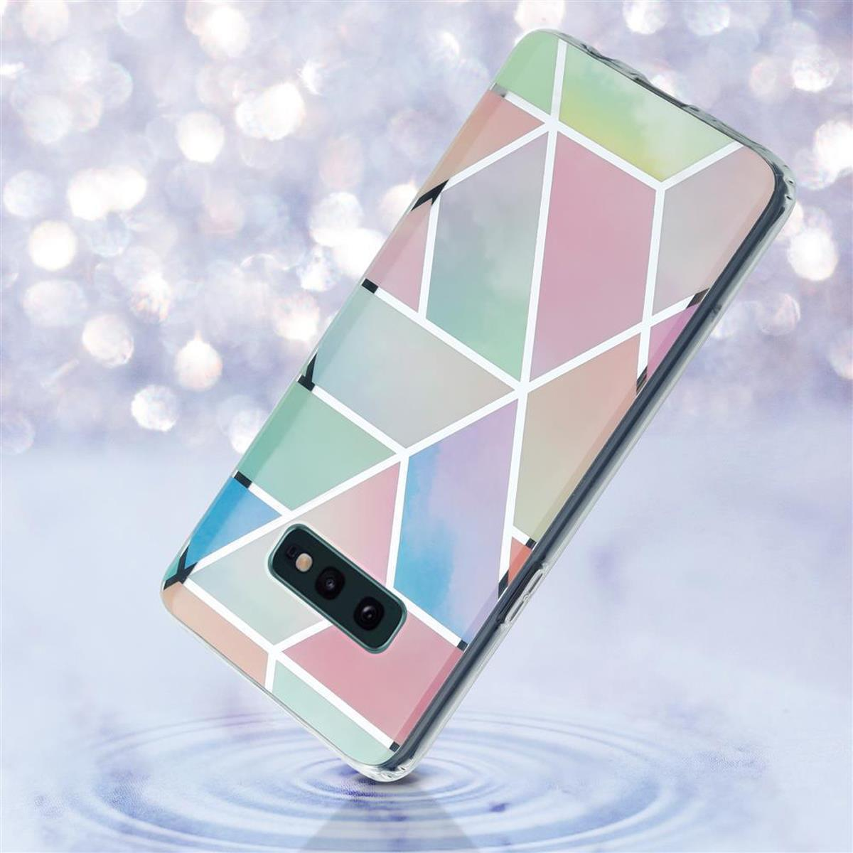 Custodia per telefono con un motivo geometrico. Lo sfondo è un bokeh di goccioline d'acqua.