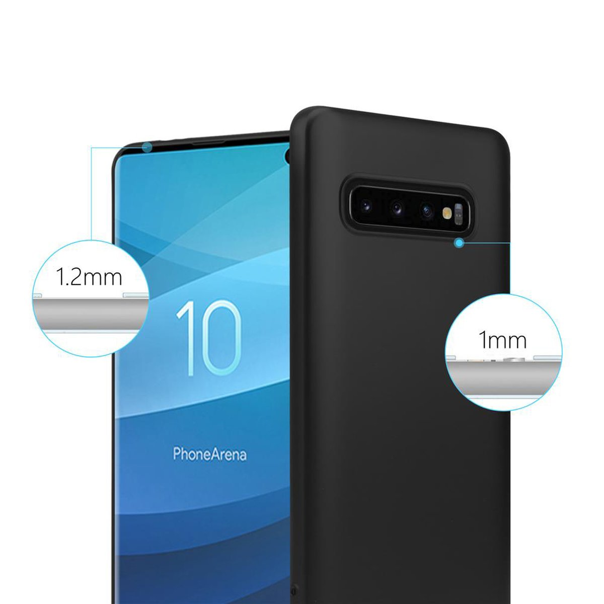 Una custodia per telefono nera con un telefono all'interno. Il testo dice '1,2 mm' e '1 mm' per mostrare la protezione dei bordi.