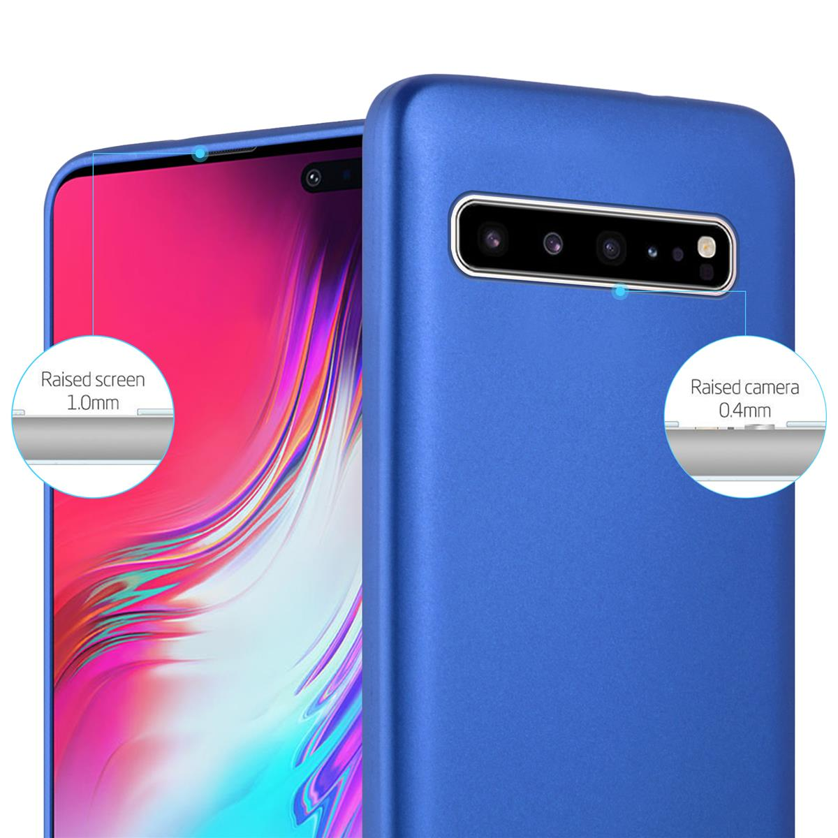 Una custodia per telefono blu con schermo e area della fotocamera rialzati. Il testo indica l'altezza di ciascuno.