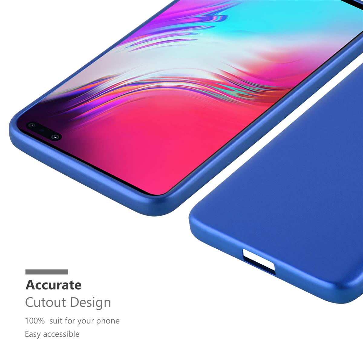 Una custodia per telefono blu con un telefono abbinato, che mostra una cornice blu e uno schermo rosso.