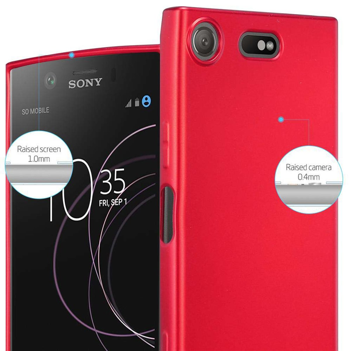 Telefono su una custodia rossa. La custodia evidenzia i bordi rialzati della fotocamera e dello schermo. Lo schermo ha un orologio.