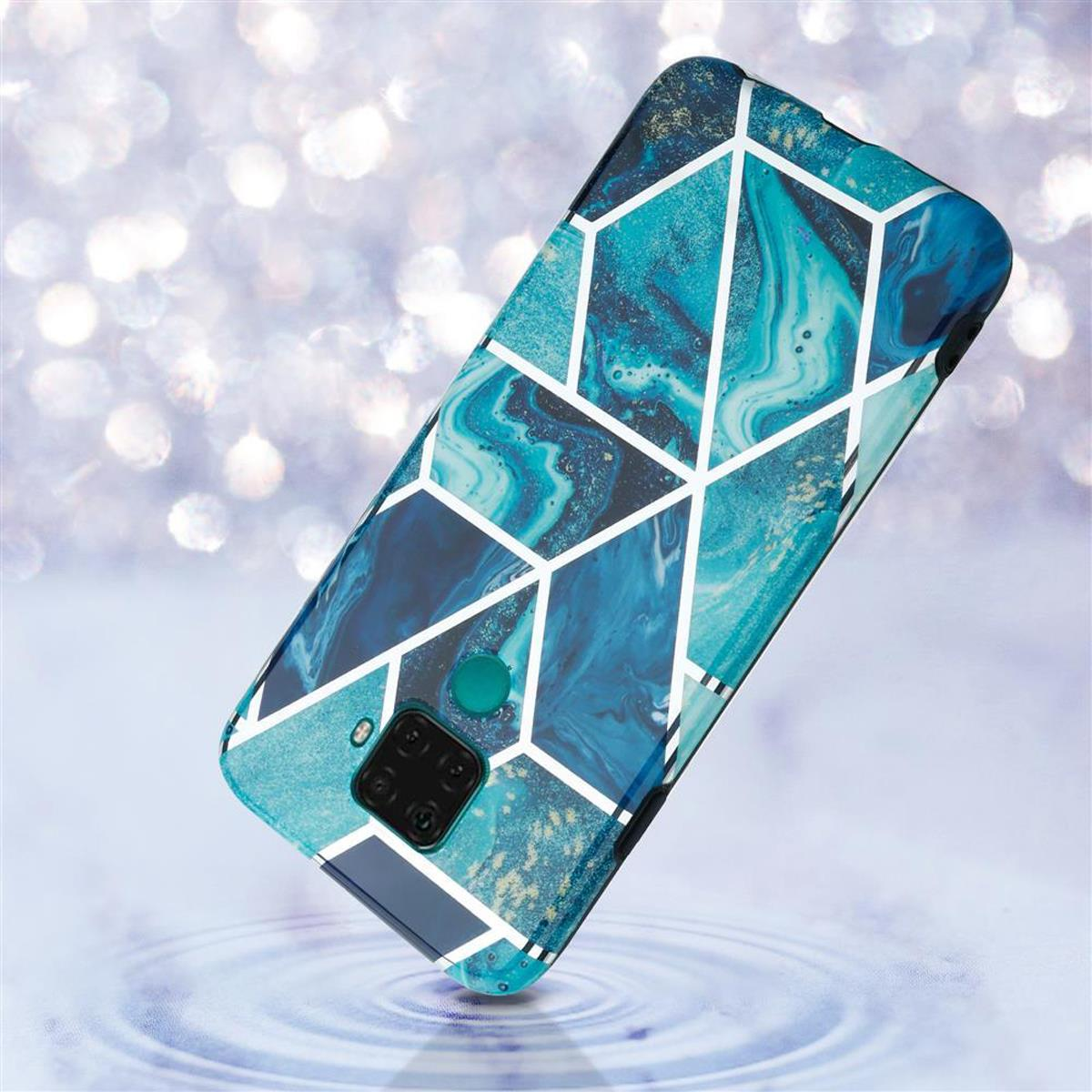 Custodia per telefono con motivo blu e verde acqua. La custodia è su uno sfondo sfocato simile all'acqua.
