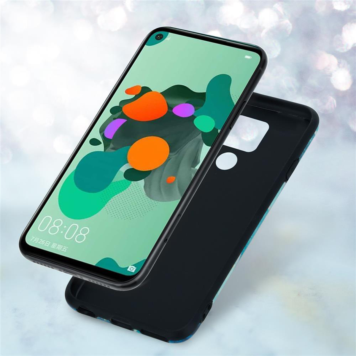 Telefono all'interno di una custodia, con la custodia leggermente separata. Lo schermo del telefono è acceso, mostrando uno sfondo verde.