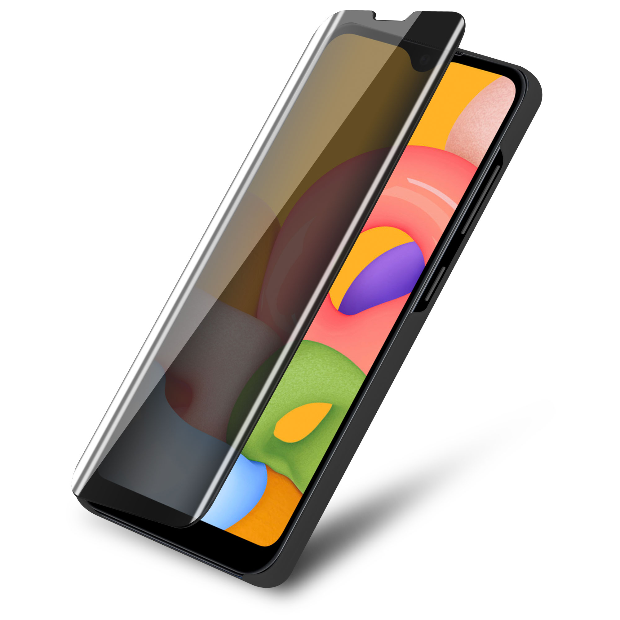 Telefon mit Displayschutz und schwarzer Hülle.