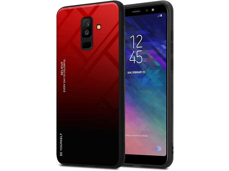 2 Backcover, Hülle Galaxy A6 ROT aus Glas, Silikon CADORABO SCHWARZ - Samsung, Farben TPU 2018, PLUS