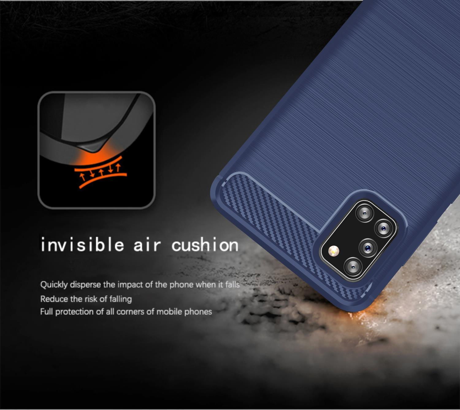 Custodia blu per telefono con trama in fibra di carbonio. Testo sulla protezione a cuscino d'aria.