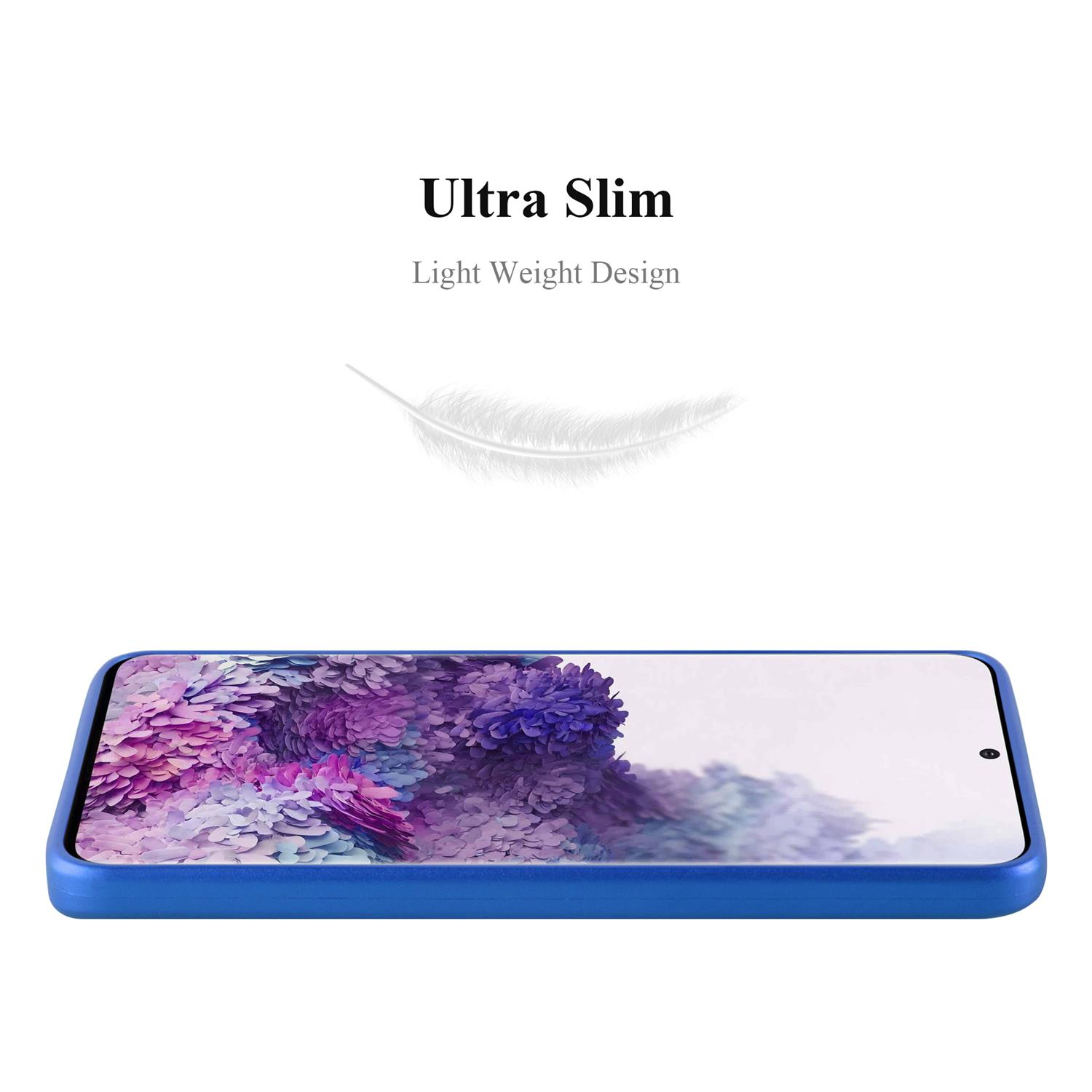 Una custodia blu per telefono, che è posizionata su una superficie. C'è un telefono dentro.