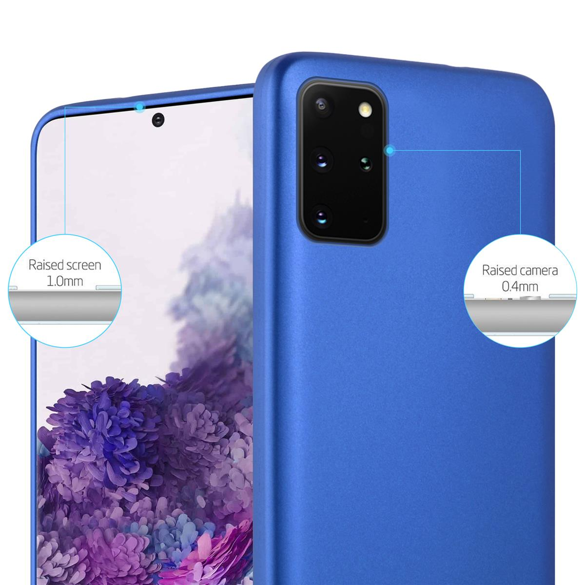 Una custodia per telefono blu con schermo e fotocamera rialzati, con sfondo blu.