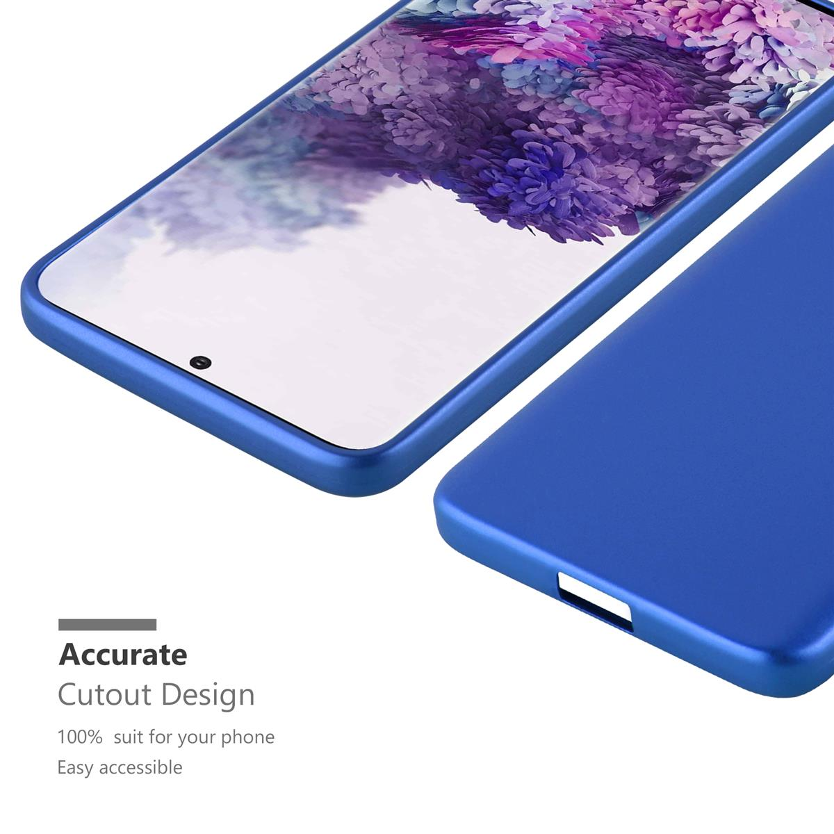 Vengono mostrati due telefoni, uno in una custodia blu, evidenziando una caratteristica di design ritagliata.