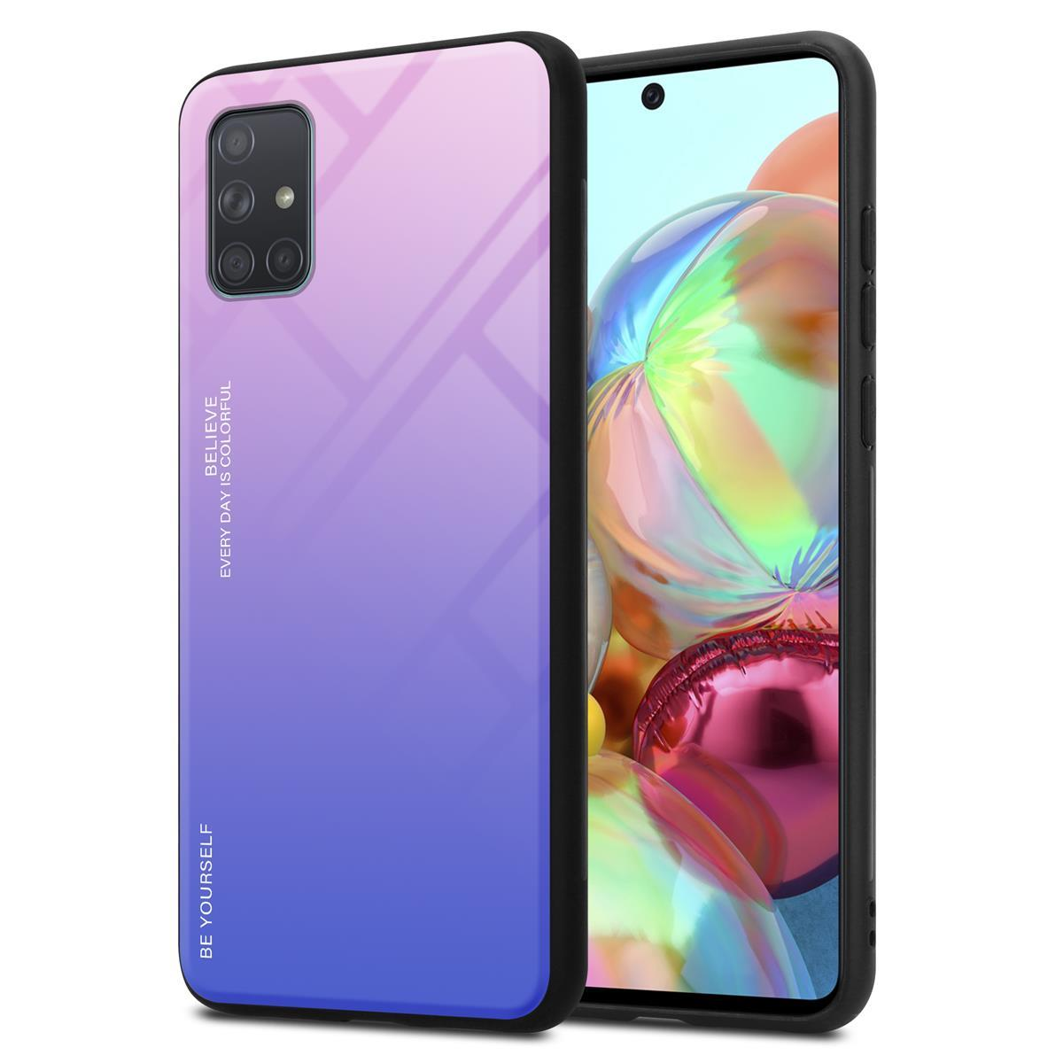 Custodia sfumata viola e blu con telefono. Parole visibili.
