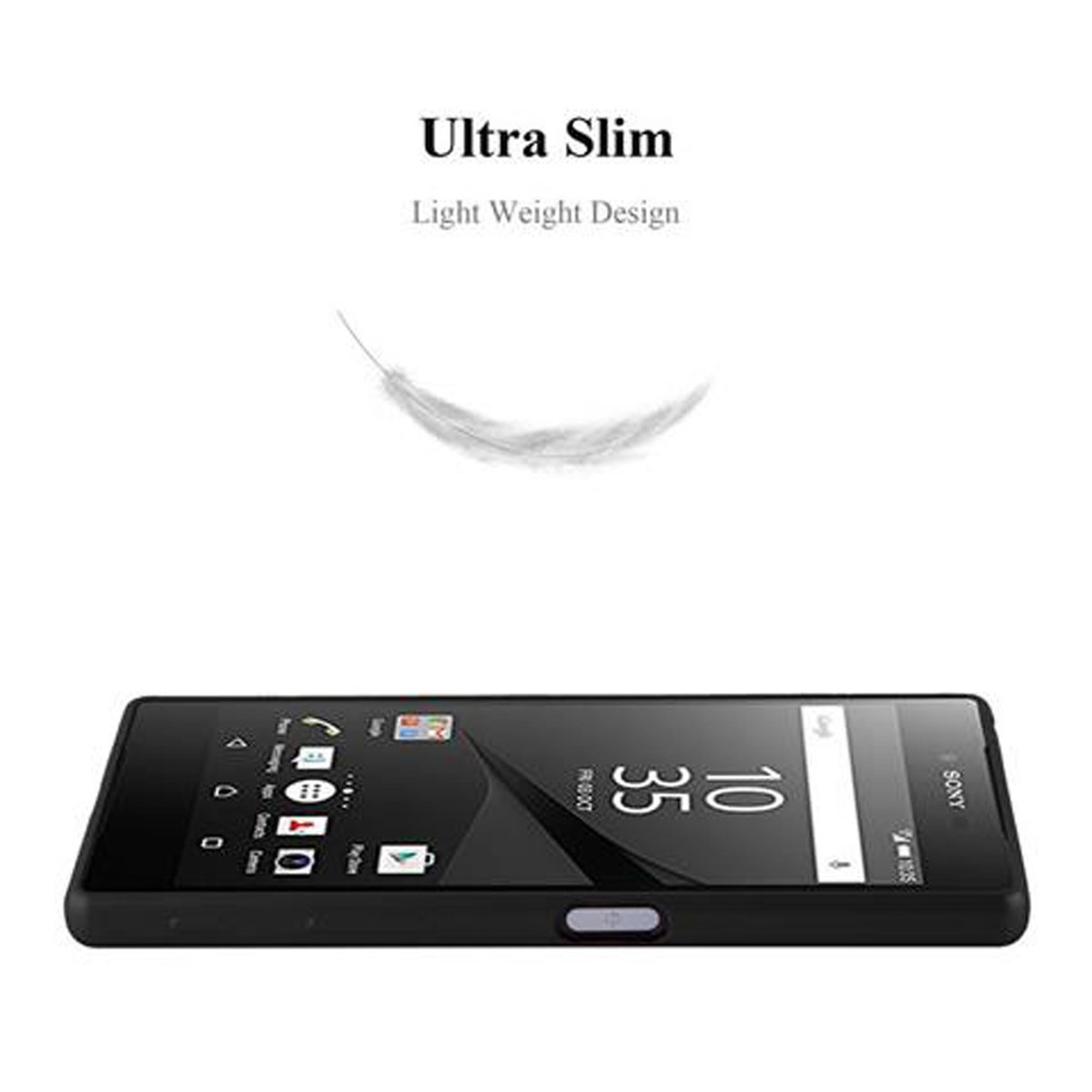 Un telefono nero con schermo della data. Una piuma fluttua sopra. Il testo dice Ultra Slim e Light Weight Design.