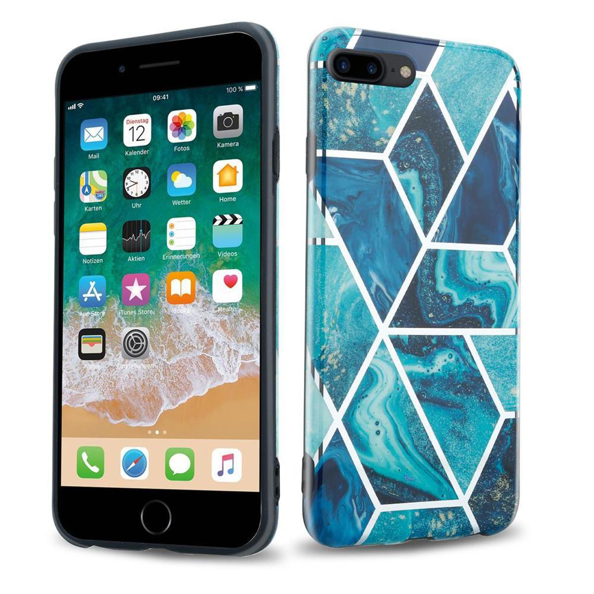 Telefon mit geometrischer Designhülle. Der Bildschirm ist an. Die Hülle hat ein blaues und weißes Design.