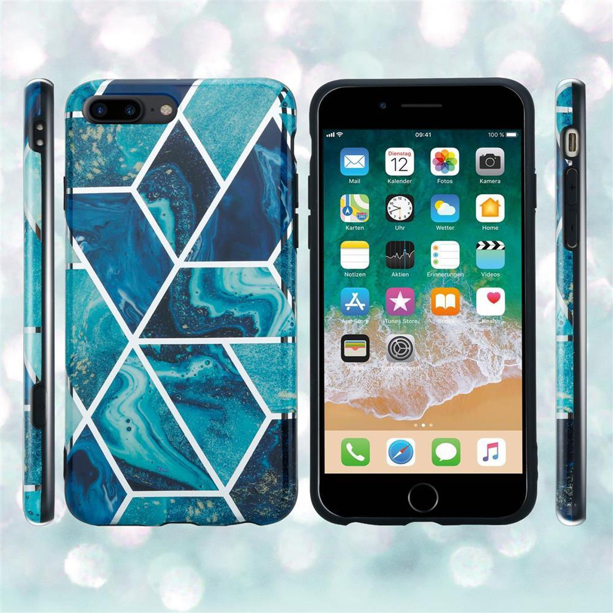 Ein Telefon in einer Hülle mit blauem und weißem geometrischen Design und eine Hülle mit dem gleichen Design.