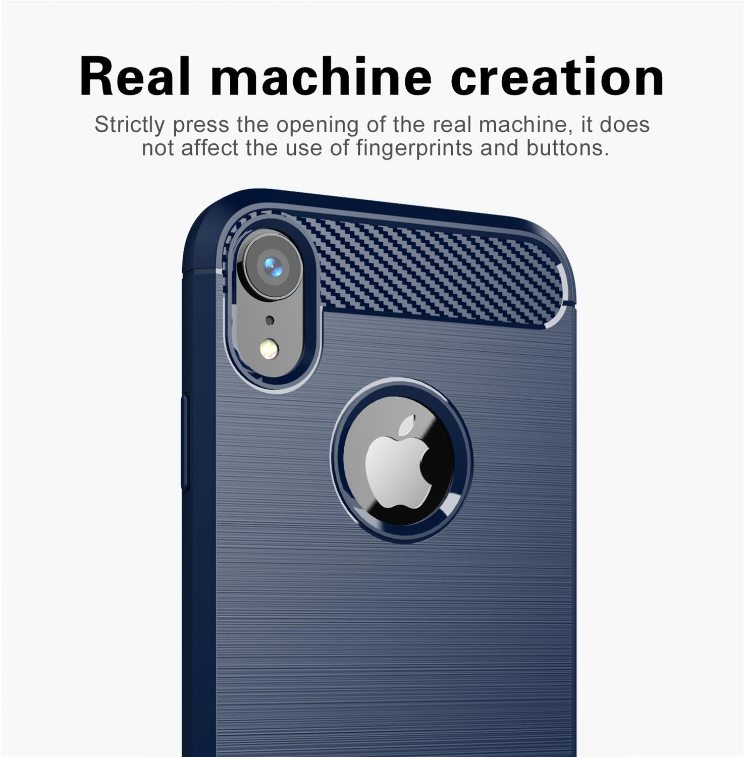 Un primo piano di una custodia per telefono con un design nero e argento. Testo: 'Creazione di macchina reale'.