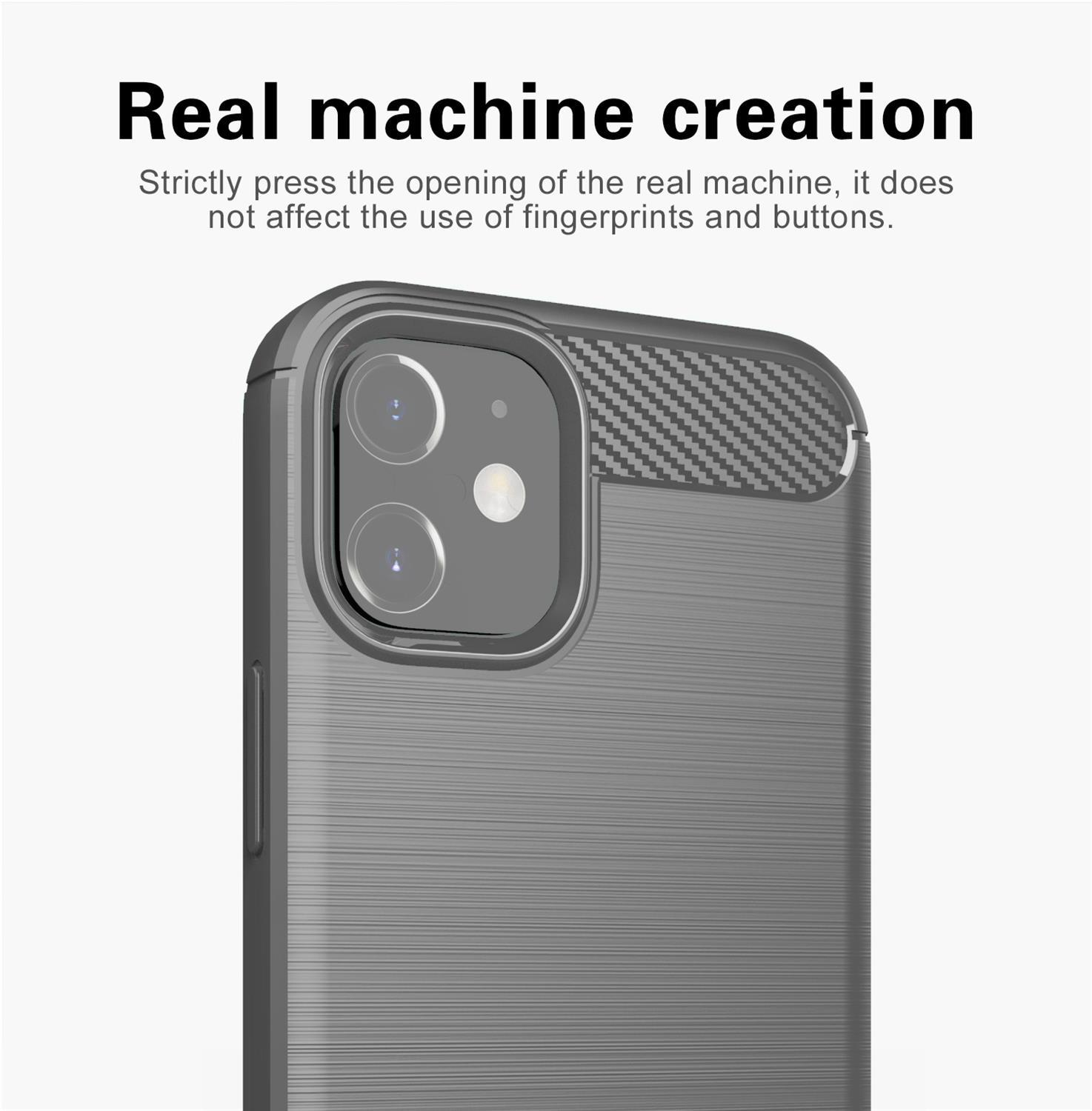 Una custodia per telefono su un telefono. La custodia è grigia, con un ritaglio per una fotocamera a doppia lente. Lo sfondo è bianco.