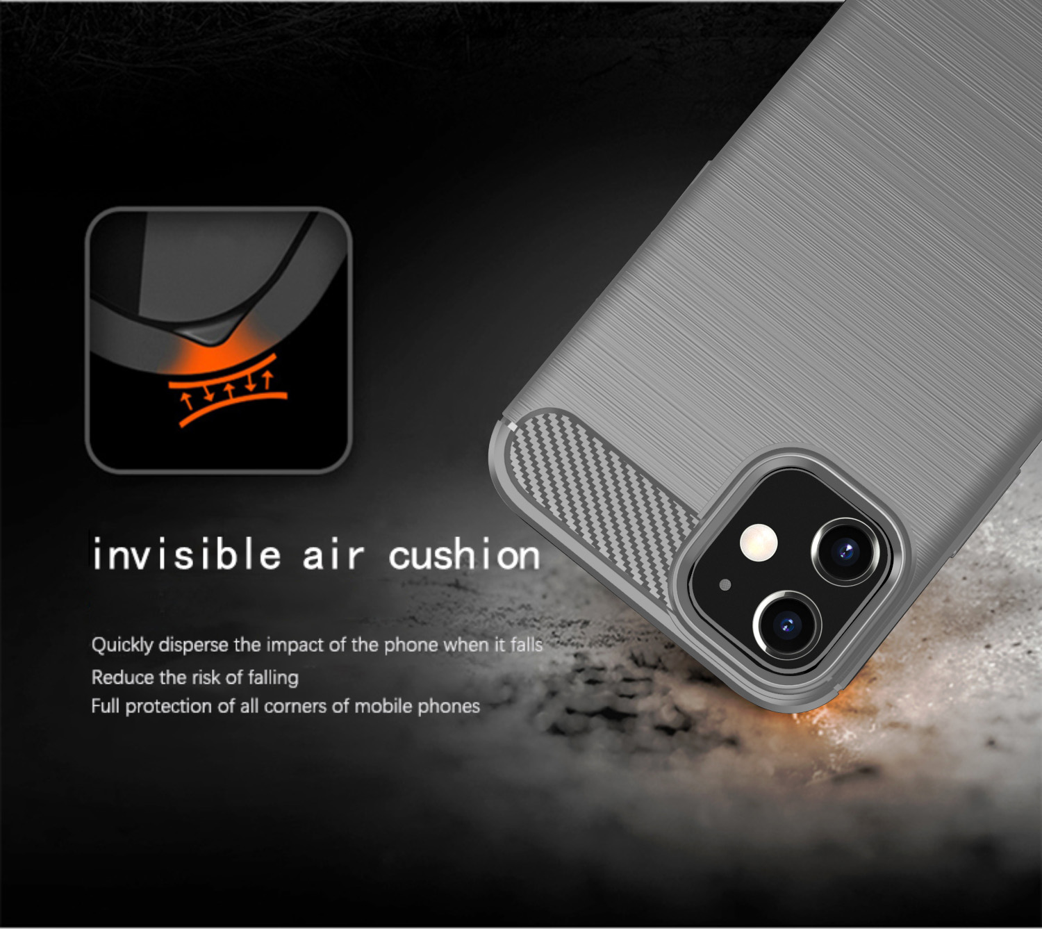 Custodia per telefono grigia con testo 'invisible air cushion'. Il testo è un primo piano della custodia.