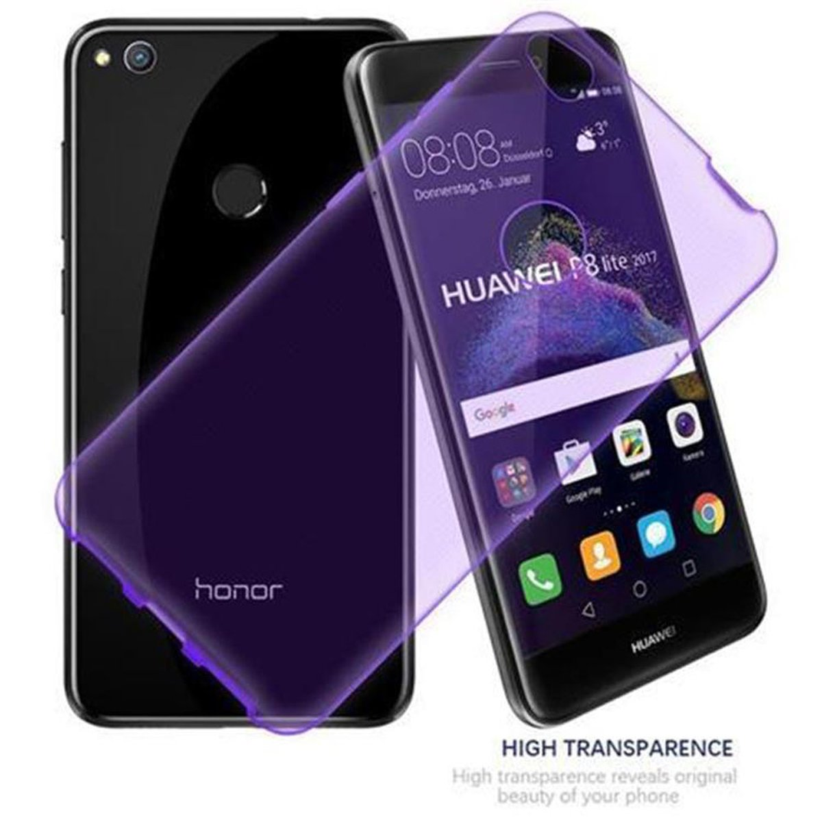 Due telefoni. Uno è nero e l'altro ha una custodia viola e un telefono all'interno.