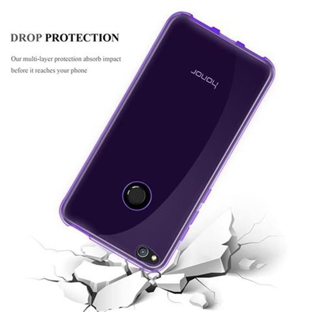 Custodia per telefono viola con un telefono, terreno incrinato sottostante. Il testo recita "DROP PROTECTION" e descrive la protezione multistrato.