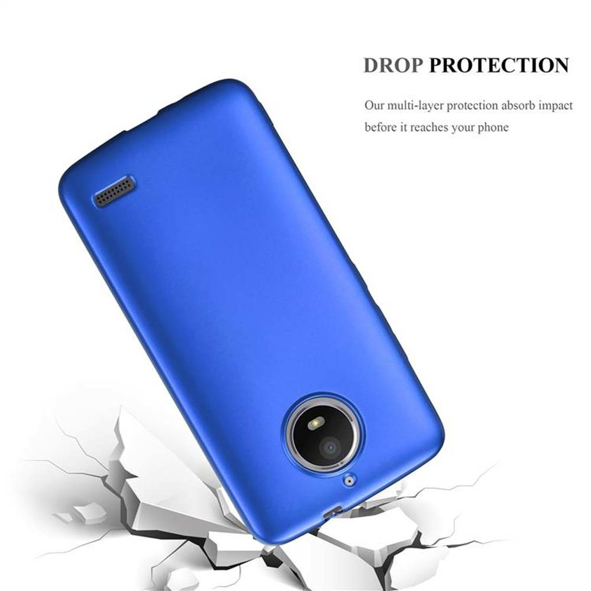 Custodia per telefono blu che cade, con crepe sulla superficie. Viene pubblicizzata la protezione dalle cadute.