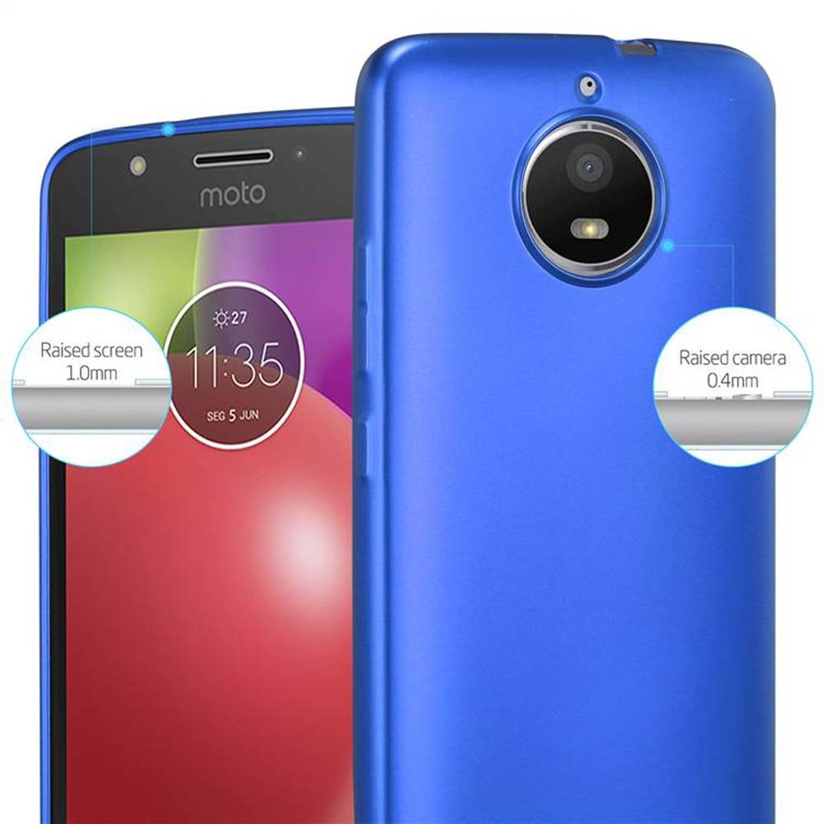 Una custodia blu per telefono che evidenzia i bordi rialzati dello schermo e della fotocamera, con misure in mm.