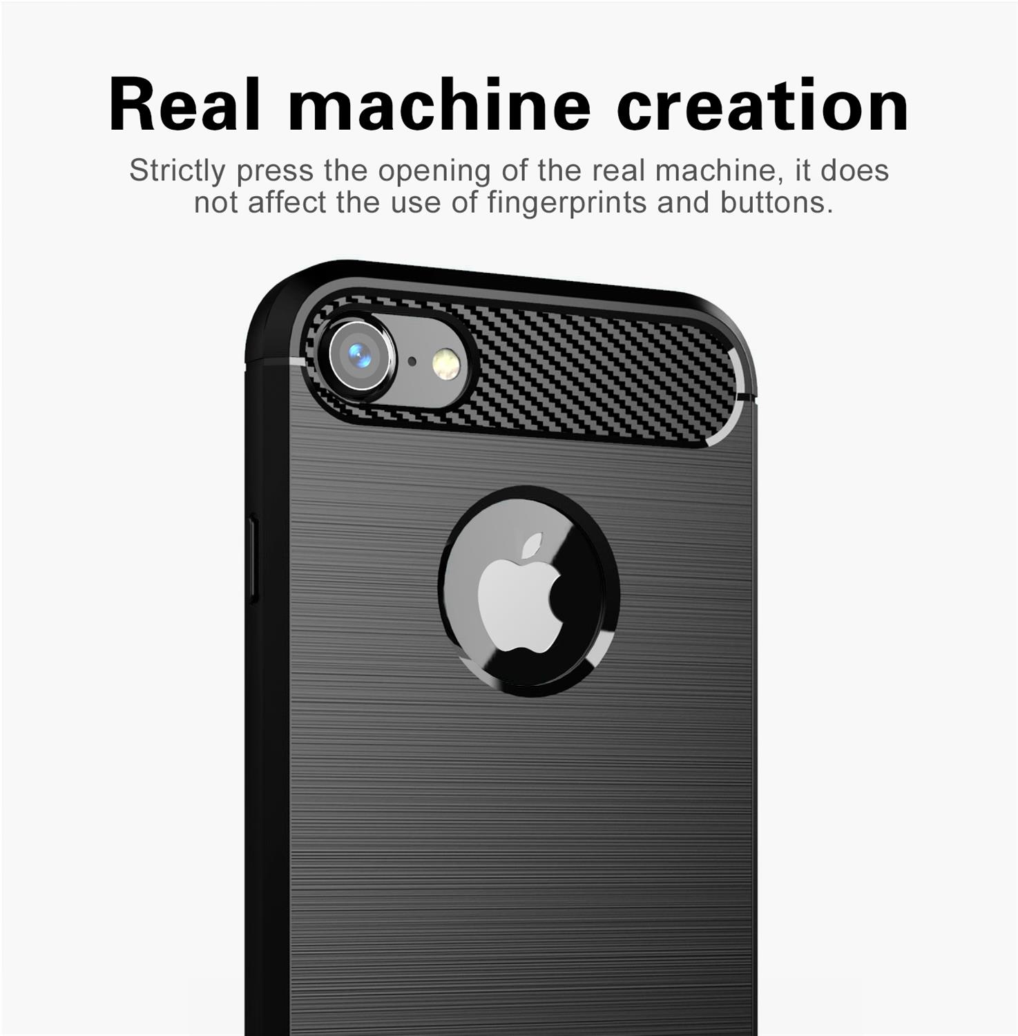 Custodia nera per telefono con logo Apple e un telefono.