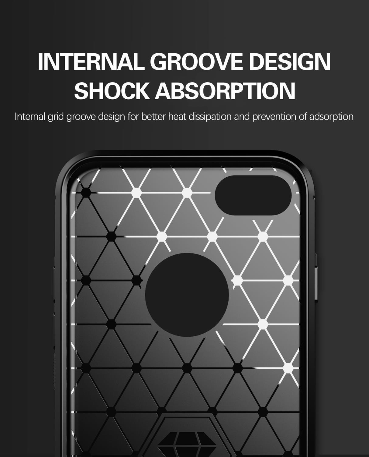Custodia per telefono nera con motivo geometrico che mostra il design a scanalatura interna, l'assorbimento degli urti, su sfondo scuro.