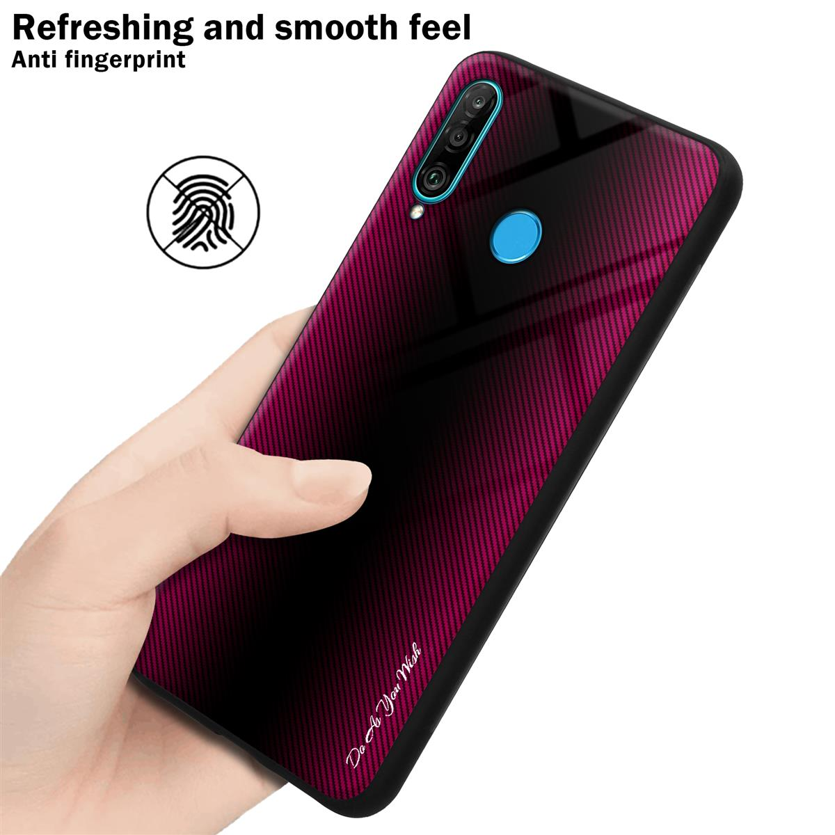 Hand hält ein Telefon mit einer dunkelroten Hülle mit schwarzen Linien. Text oben: 'Refreshing and smooth feel'.