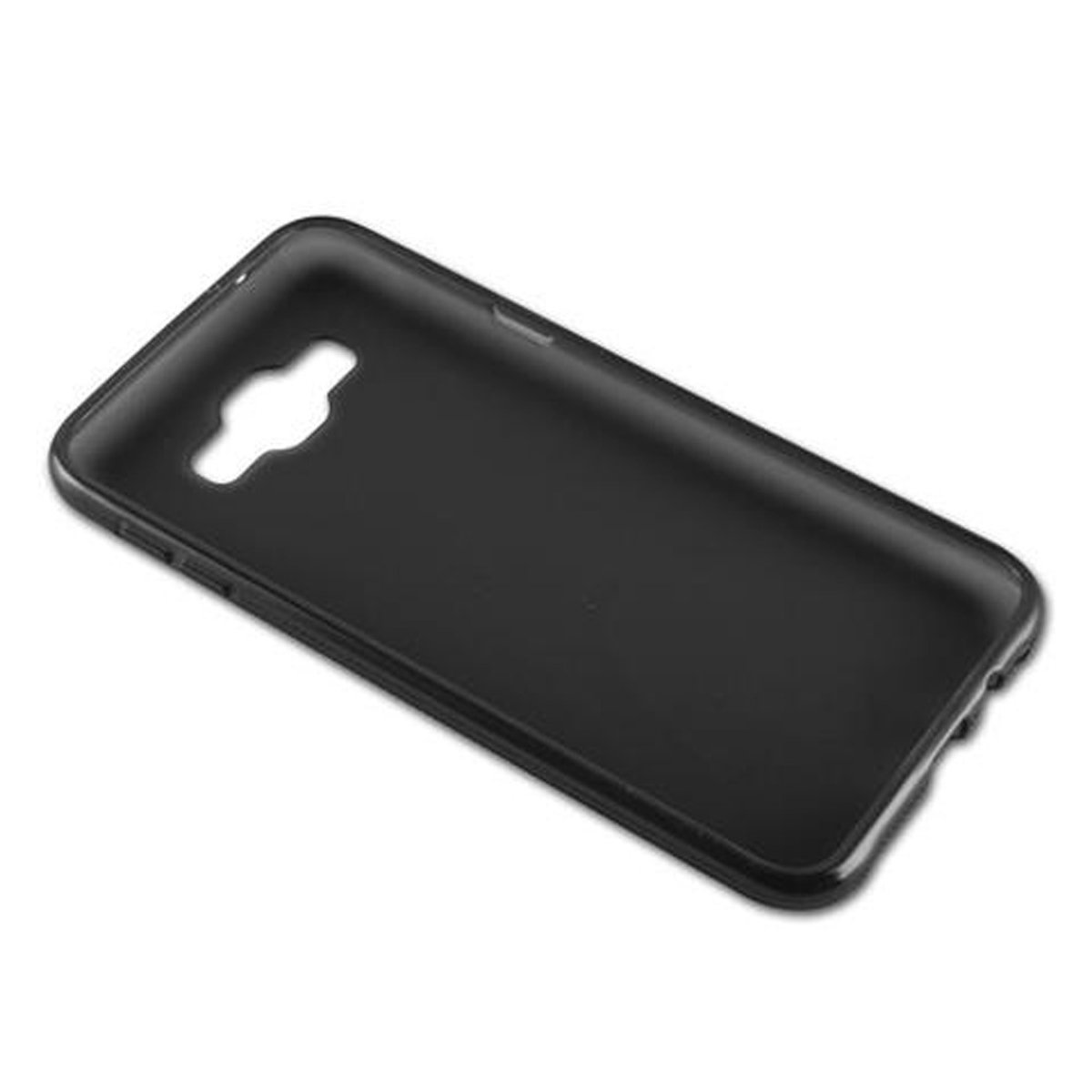 Una custodia per telefono nera, mostrata su sfondo bianco. Design semplice.