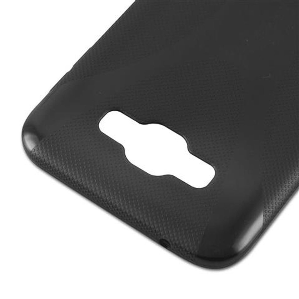 Custodia nera per telefono con un ritaglio per la fotocamera. La custodia ha una finitura strutturata.