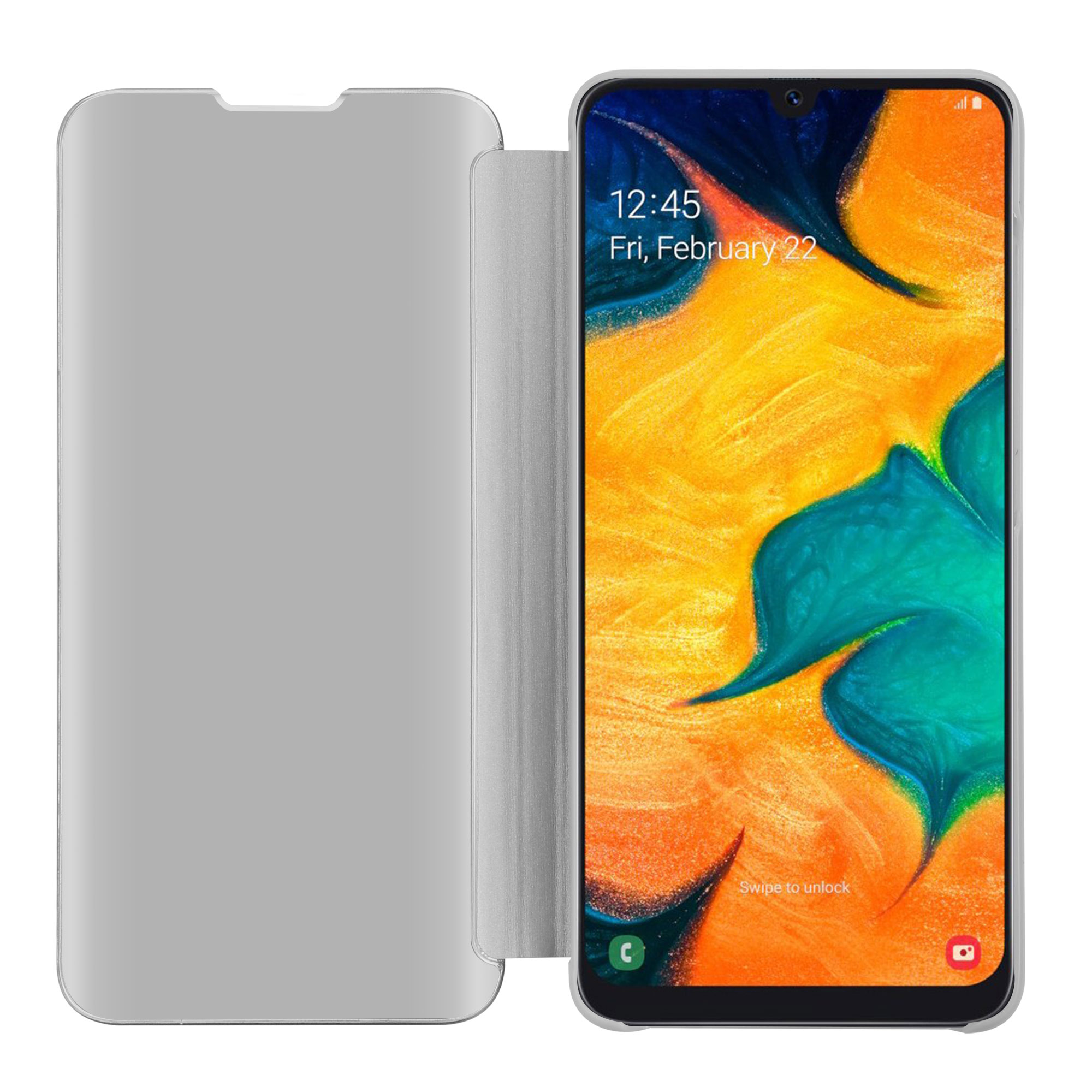 Eine silberne Klapp-Handyhülle geöffnet, die einen Telefonbildschirm mit Datum und Uhrzeit auf weißem Hintergrund zeigt.