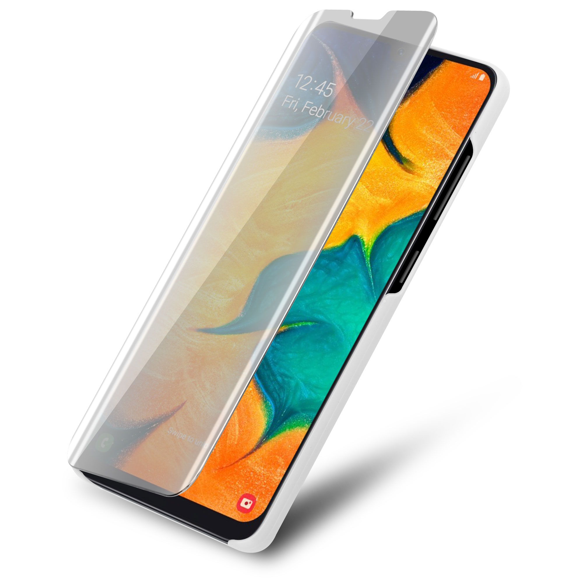Ein Telefon mit Displayschutz. Der Bildschirm zeigt Zeit und Datum an.