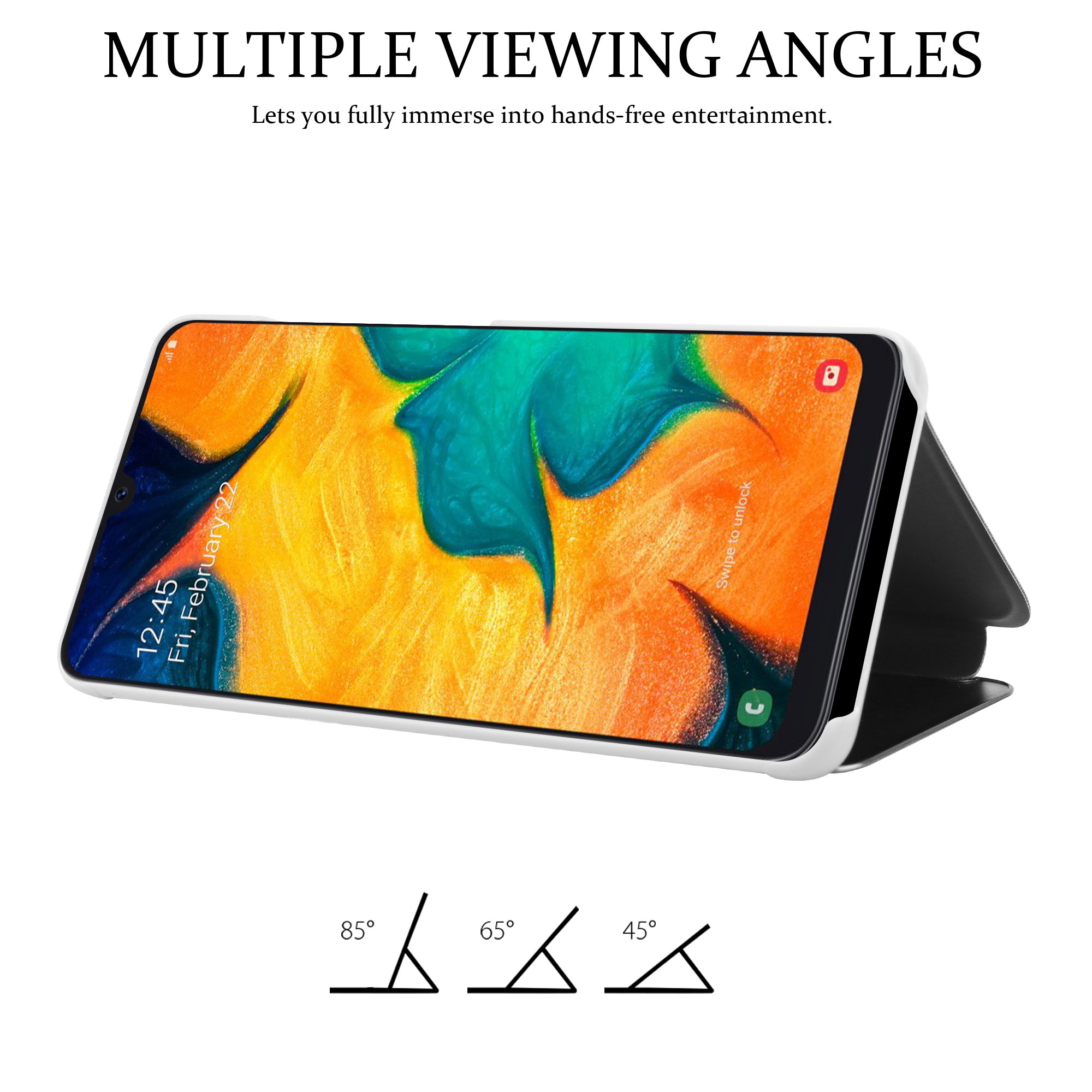 Tablet in einer Hülle mit mehreren Betrachtungswinkeln. Diagramme zeigen 85, 65 und 45 Grad.