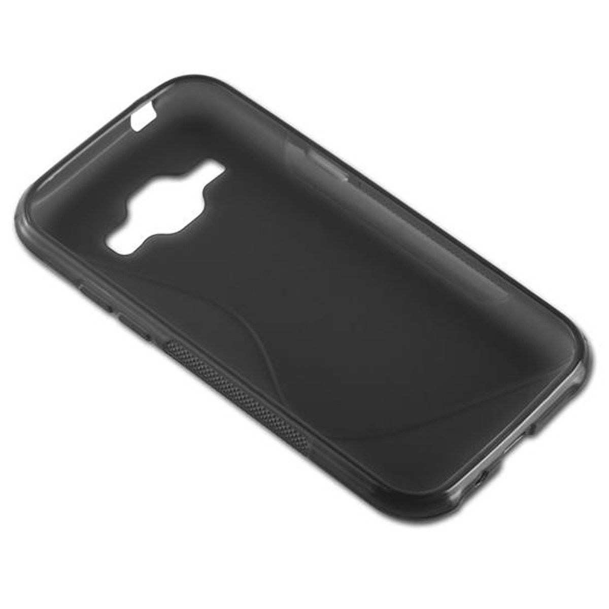 Una custodia per telefono nera. La custodia è semplice e lineare. Ha ritagli per la fotocamera e le porte. La custodia è semplice e lineare.