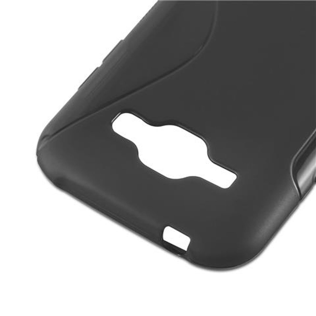 Custodia nera, mostra i ritagli per fotocamera e altre funzioni del telefono.
