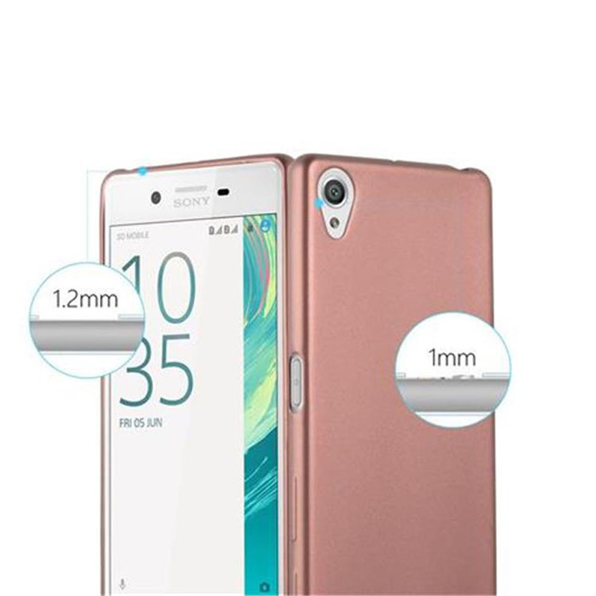 Due custodie rosa per telefono, una su un telefono che mostra le 10:35 e l'altra liscia.