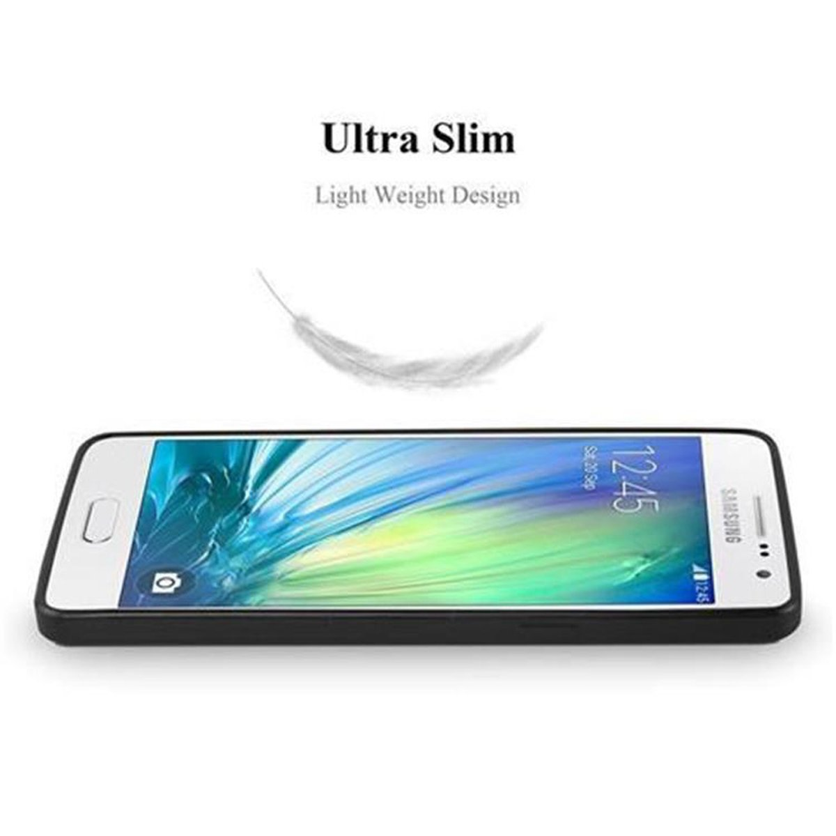 Una custodia nera per telefono con un telefono bianco. Testo "Ultra Slim" e un grafico a forma di piuma.