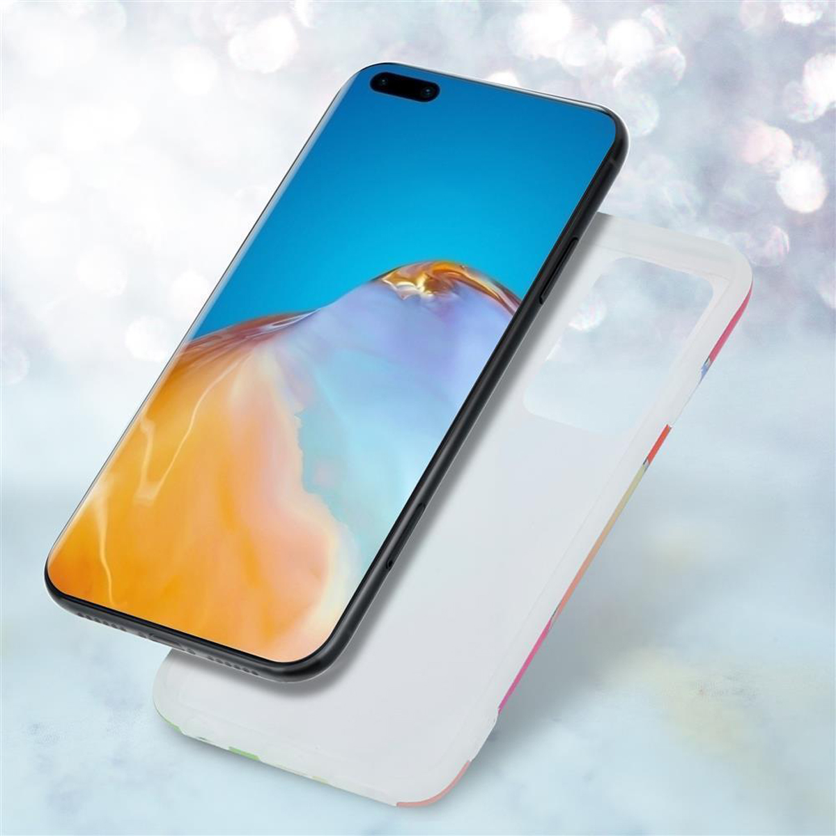Telefono con custodia. Schermo del telefono con immagine, custodia con design.