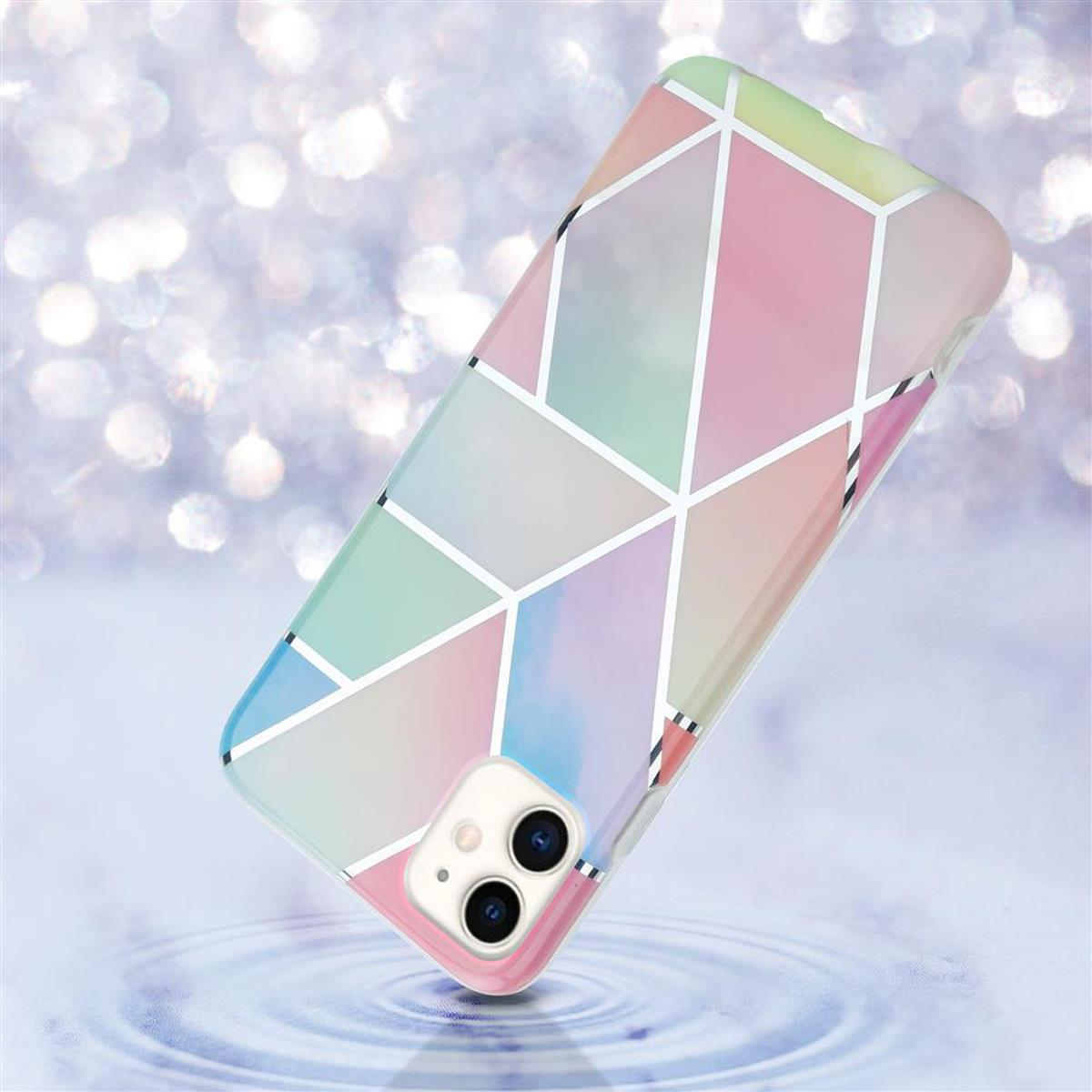 Una custodia per telefono con un motivo geometrico colorato. La custodia è su una superficie d'acqua.